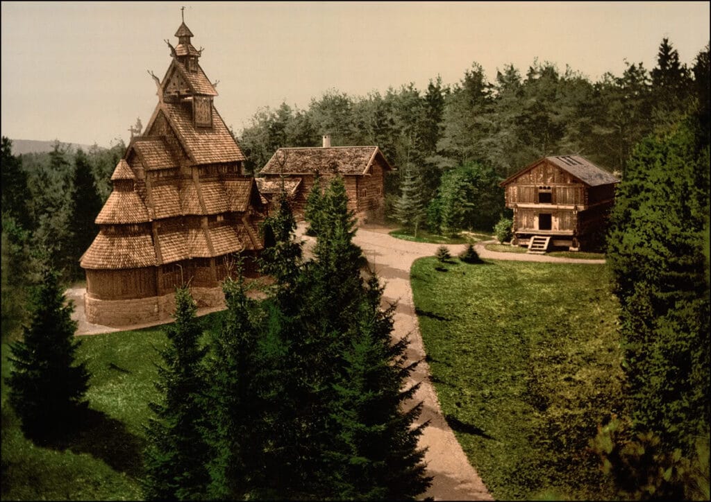Traditional wooden stave church in forest clearing